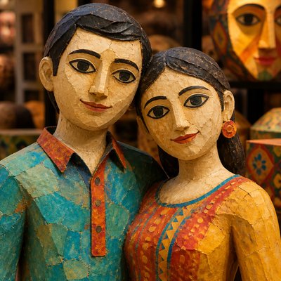 portrait of two people together — Papier-Mache Art Style