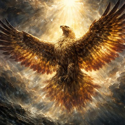A magnificent, colossal golden eagle, physically expressing pure glory and ecstatic rejoicing, dominates the sky above. It is in powerful, exultant flight, its massive wings beating with a perfect rhythm of triumph, creating currents of visible, swirling golden light and blue energy. Its head is raised, letting out a silent, visualized 'cry' of joy. A halo of pure, unfiltered golden light from a distant celestial source breaks through dramatic clouds, bathing the eagle in a 'halo of divine dwelling.' The eagle catches this light in an explosion of blazing gold and bright scarlet (Tola color) on its feathers.