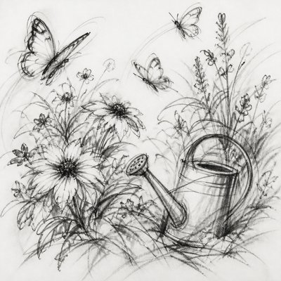 a garden scene with butterflies, flowers and a watering can, clean uncolored line art, no text