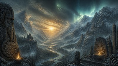 a vast valley with a river winding toward distant mountains at sunrise, no people, no text