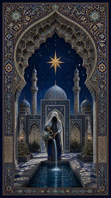 a robed figure pouring water beneath a large eight-pointed star in a night sky, symmetrical composition with an ornate decorative border, no text