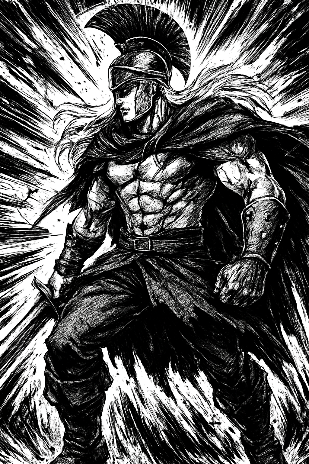 a black and white drawing of a roman soldier