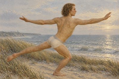 a painting of a man running on a beach