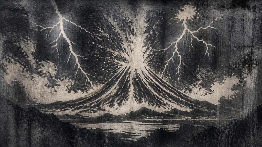 an erupting volcano with lightning strikes, dramatic wide composition, no text