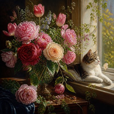 a cat lounging in a sunlit window