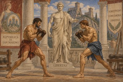 a painting of two men boxing in front of a statue