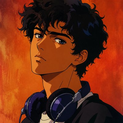 head-and-shoulders portrait of an original character: a young man with curly dark hair and headphones around his neck, plain backdrop, no text