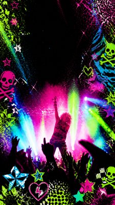 a live music scene with a glowing stage and silhouetted crowd, energetic vertical composition with open space at the top, no text