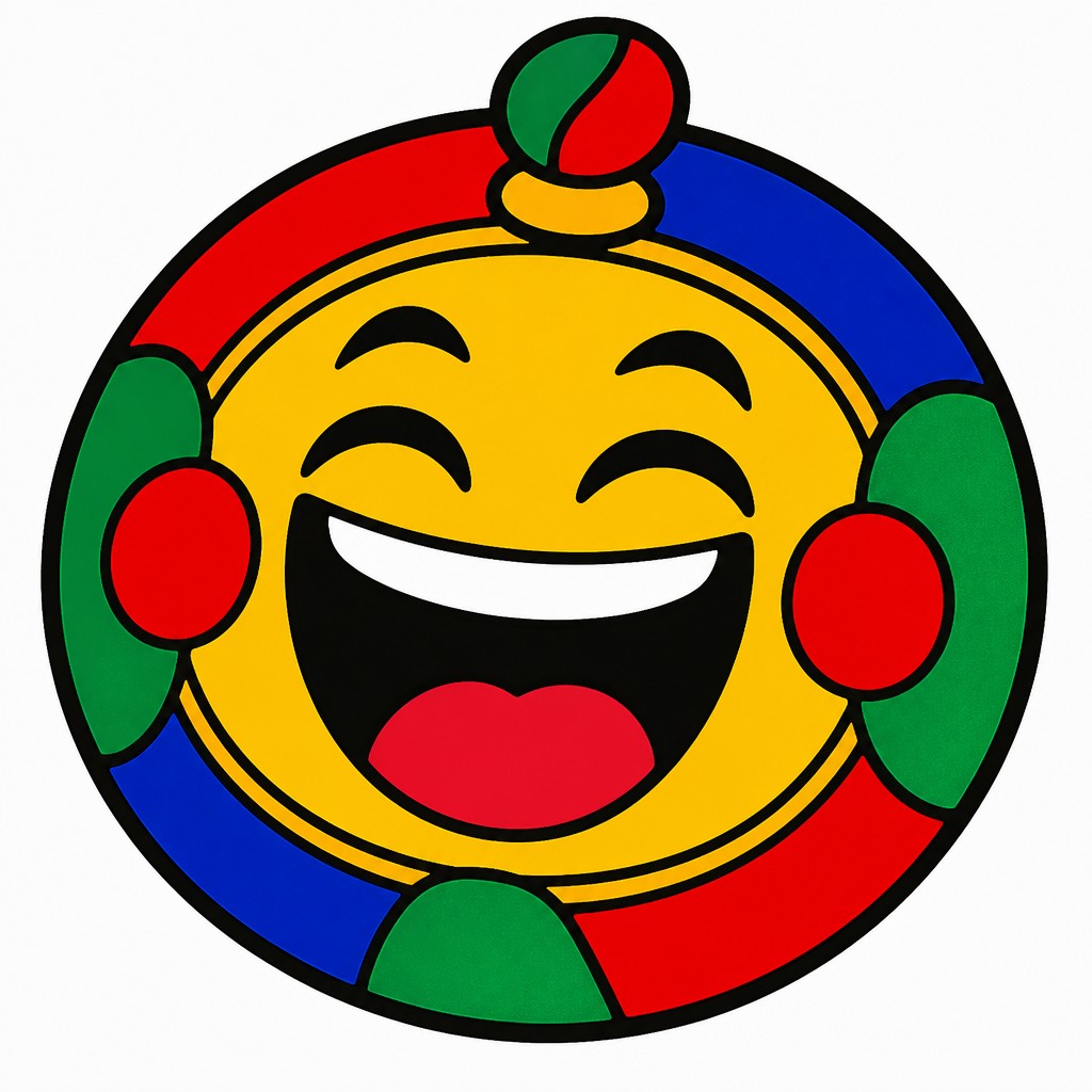 an exaggerated laughing face of an original round mascot character, bold and readable at small size, plain background, no text
