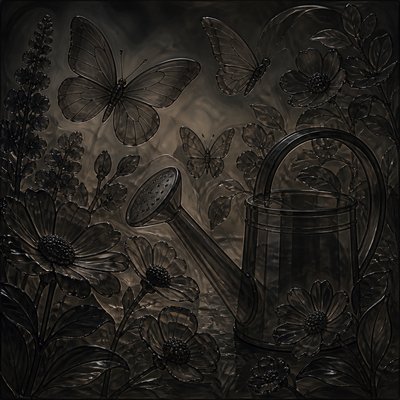 a garden scene with butterflies, flowers and a watering can, clean uncolored line art, no text