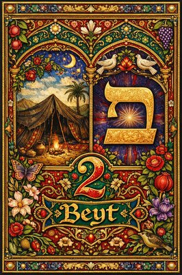 A picture of the Hebrew letter Beyt including both the paleo symbol of the bedouin tent meaning "house, family, in" and the modern Beyt symbol, the number 2 and the name of the letter "Beyt" 