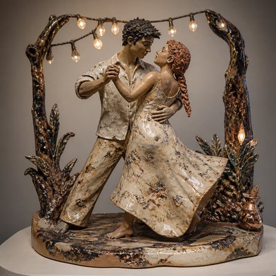 an original couple dancing under string lights in a garden at dusk: a man with short black hair in a linen shirt and a woman with braided red hair in a summer dress