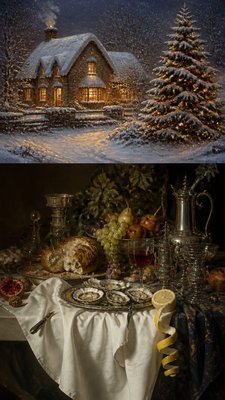 a snow-covered cottage with warm glowing windows beside a decorated pine tree, gentle snowfall, no text