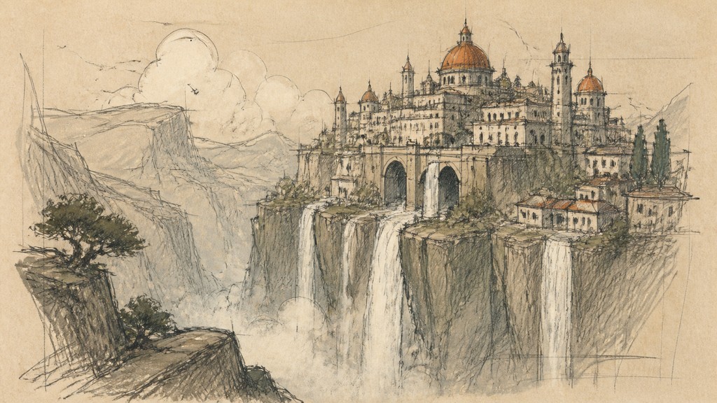 a cliffside city with waterfalls cascading into a misty canyon, wide establishing shot, no people, no text