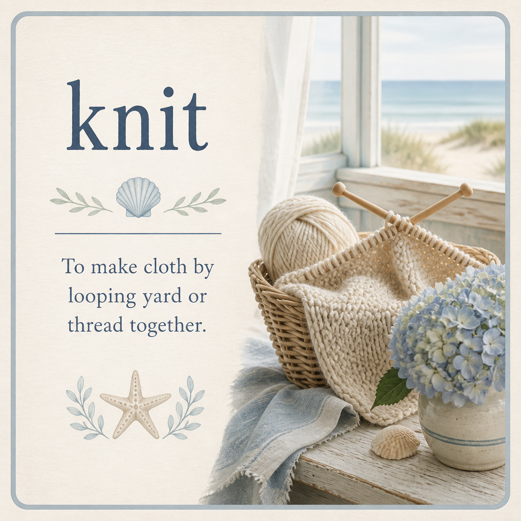 Please create a flashcard for the spelling word: "knit" and it's definition: "To make cloth by looping yard or thread together."