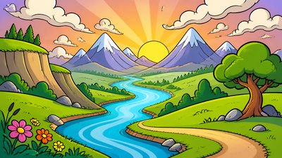a vast valley with a river winding toward distant mountains at sunrise, no people, no text