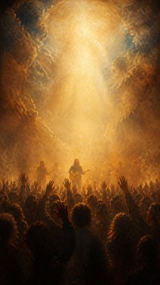 a live music scene with a glowing stage and silhouetted crowd, energetic vertical composition with open space at the top, no text
