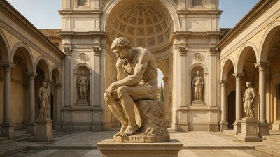seated classical ignudi athlete posing as the Great Thinker for a sculptor
