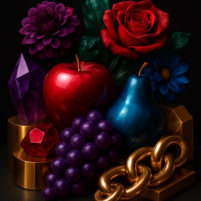still life arrangement of fruits and flowers