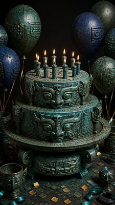 a birthday cake with lit candles surrounded by balloons and confetti, festive vertical composition, no text