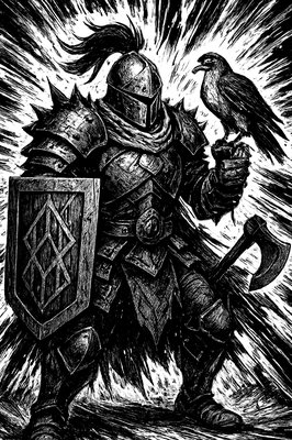 a painting of a knight with a bird on his arm
