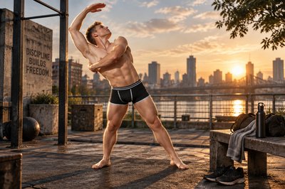 a shirtless man is standing in front of a bench