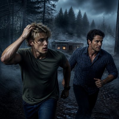 Ok tu me fait 2 personnages de roman , on va commencer avec un jeune homme la vaingtaine tres beau il est blond, il passe sa main dans ses cheveux, on voit le biceps il est en T-shirt kaki avec un jean à côté de lui, il se trouve un autre un homme dans les 45 ans, et alors là je veux que tu les cheveux noirs bouclé, sur les côtés, il a pas de lunettes il est en chemise, un daddy pas de barbe, pas de moustache. il a l’air d’être écrivant ou maire physiquement, il ressemble à tom loftis de widow bay , il a une chemise un peu démodé genre bleu à carreaux . Une ambiance assez froide avec un brouillard glaçant autour d’eux une forêt, un caravane je sais pas une ambiance vraiment inquiétante et vraiment je veux une ambiance comme si on parlait d’un roman genre le blond au milieu. On dirait qu’il court tous les deux ou qu’il fuit comme dans sa roman. En fait derrière eux l’ambiance angoissante ils sont devant. n’oublie pas que c’est la devanture du roman.