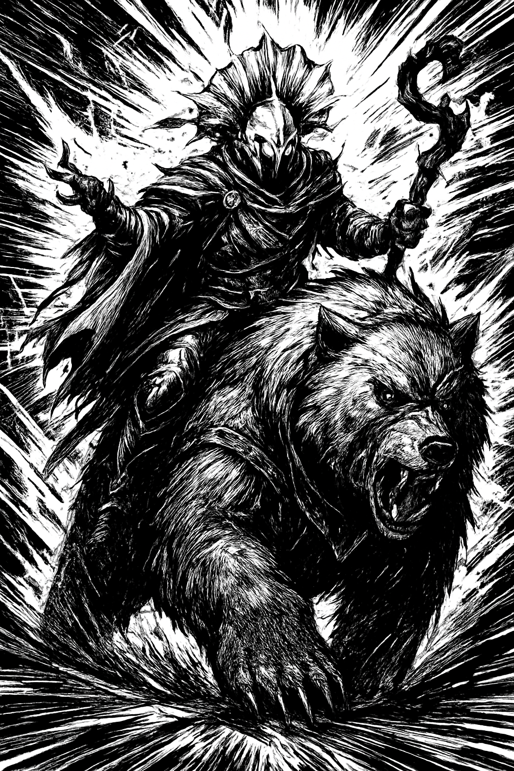 a black and white drawing of a man riding a bear