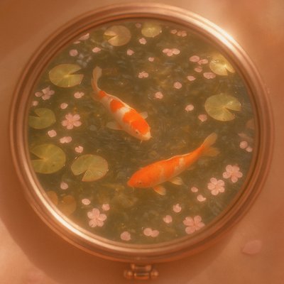 A koi pond seen from above, orange and white koi fish swimming among lily pads, clear water with subtle ripples, fallen cherry blossom petals floating on the surface, dappled sunlight