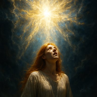 Photorealism Art Style, a profoundly dramatic and intensely luminous image depicting a vision of Heaven seen from the ground. The scene is dominated by a blazing, overwhelming celestial light that is violently breaking through the darkness of the night sky. This light is not the sun, but the pure glory of God, manifesting as swirling gold, brilliant white, and ethereal blue luminescence that seems to pull the viewer upward. A long red-haired woman, wearing simple, flowing heavenly attire, stands below, gazing upward with an expression of ecstatic awe and reverence. She is bathed in the brilliant, otherworldly light streaming down, suggesting the moment of divine revelation where the heavens are torn open. The focus is on the raw, blinding intensity of the divine light, the realistic texture of the woman's awe-struck face, and the vibrant, chaotic energy of the celestial vision, creating a powerful image of a direct, momentary glimpse into the boundless presence of Heaven.