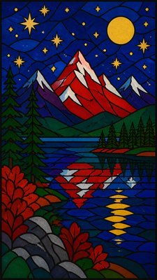 a tranquil mountain lake beneath a starry night sky, no people, no text
