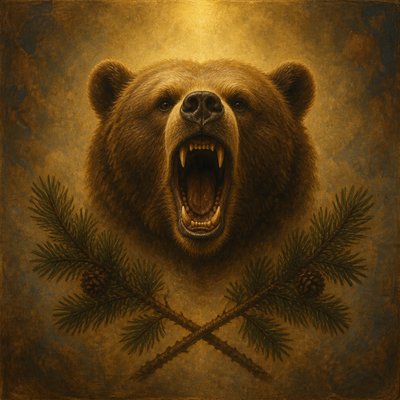 a roaring bear head above crossed pine branches, bold graphic composition on a plain background, no text