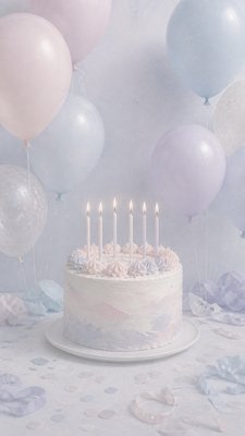 a birthday cake with lit candles surrounded by balloons and confetti, festive vertical composition, no text
