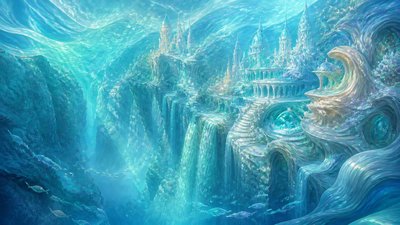 a cliffside city with waterfalls cascading into a misty canyon, wide establishing shot, no people, no text