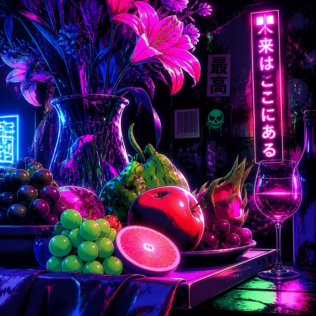 still life arrangement of fruits and flowers