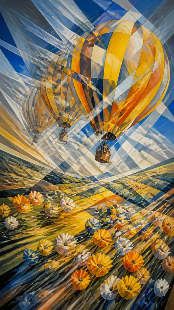 a hot air balloon drifting over rolling flower fields on a sunny day, cheerful, no text