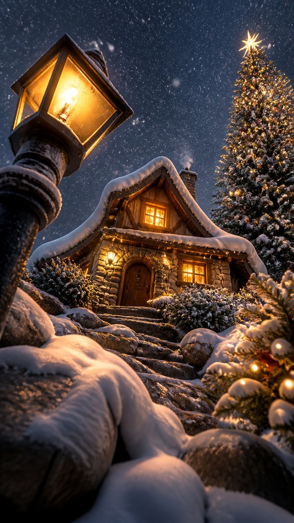a snow-covered cottage with warm glowing windows beside a decorated pine tree, gentle snowfall, no text