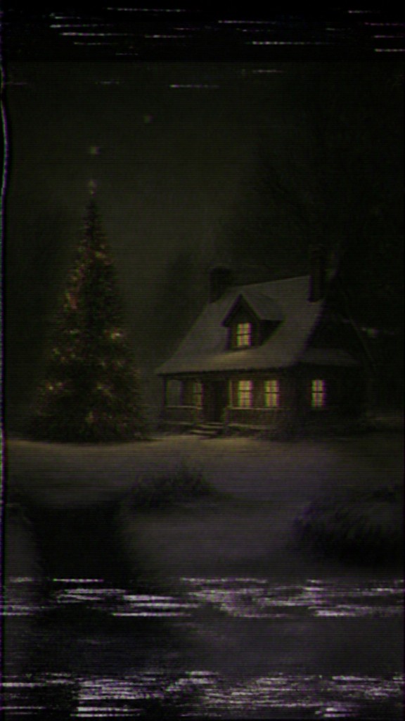 a snow-covered cottage with warm glowing windows beside a decorated pine tree, gentle snowfall, no text