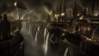 a cliffside city with waterfalls cascading into a misty canyon, wide establishing shot, no people, no text
