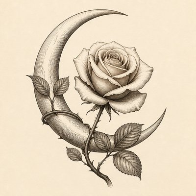 a rose entwined with a crescent moon, clean balanced composition on a plain background, no text