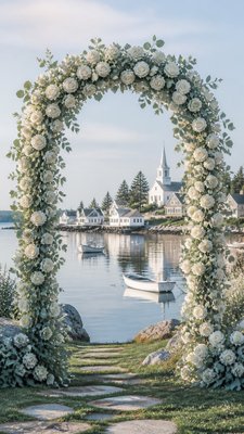 an arch of white roses and eucalyptus in soft morning light, elegant vertical composition with open space, no text