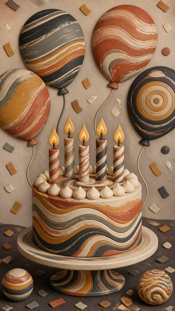 a birthday cake with lit candles surrounded by balloons and confetti, festive vertical composition, no text