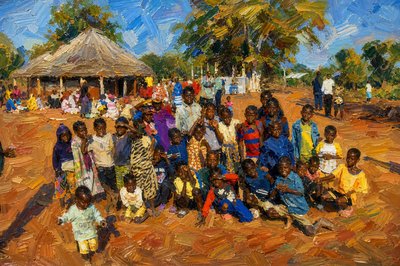 a painting of a group of people in front of a hut