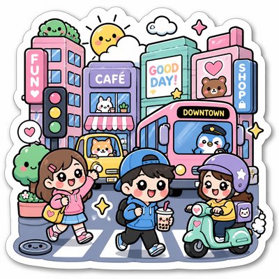 urban street with city activity — Kawaii Sticker Design