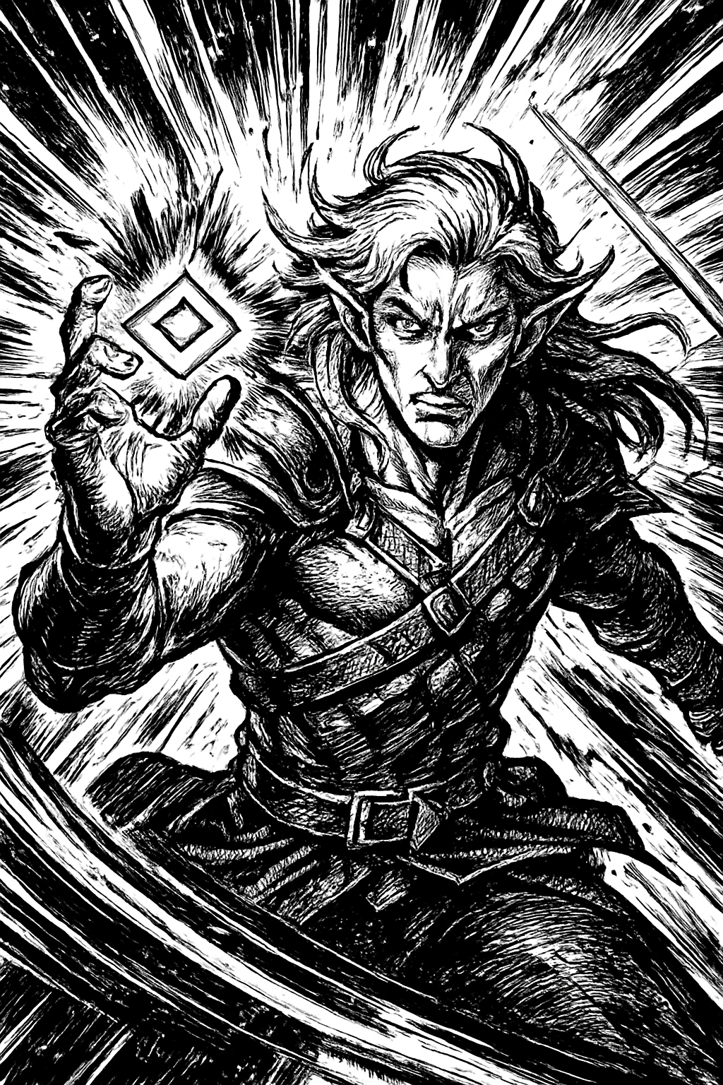 a black and white drawing of a man holding a sword