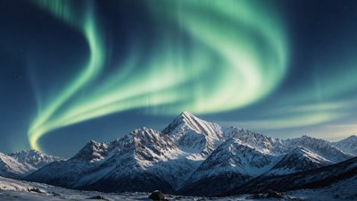 a flowing aurora over snowy peaks, wide sweeping composition, no people, no text