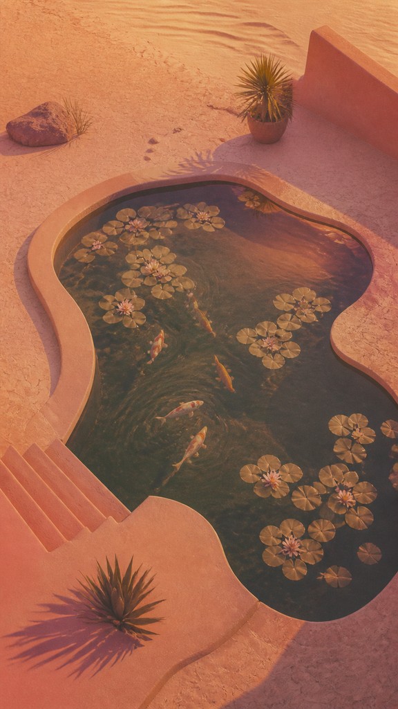a koi pond with lily pads seen from above, no people