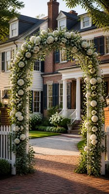 an arch of white roses and eucalyptus in soft morning light, elegant vertical composition with open space, no text