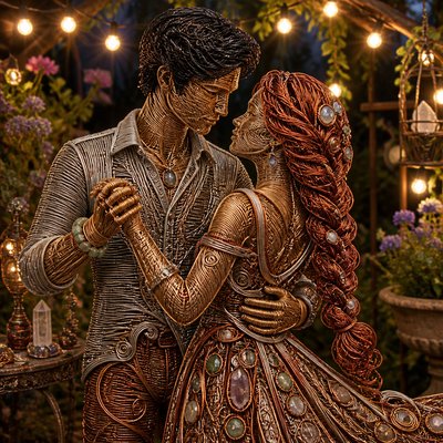 an original couple dancing under string lights in a garden at dusk: a man with short black hair in a linen shirt and a woman with braided red hair in a summer dress