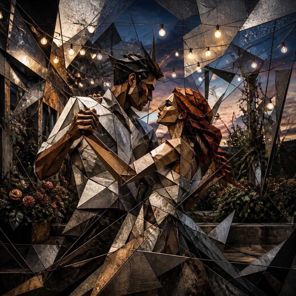 an original couple dancing under string lights in a garden at dusk: a man with short black hair in a linen shirt and a woman with braided red hair in a summer dress